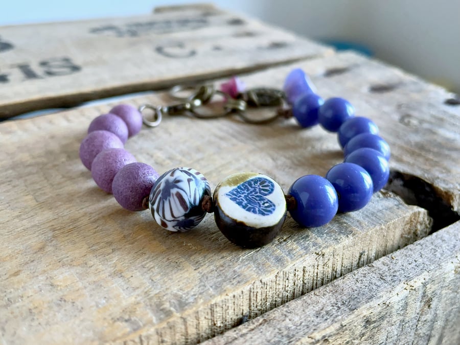 Bohemian Style Bracelet with Artisan Ceramic Heart Charm & Purple Glass Beads