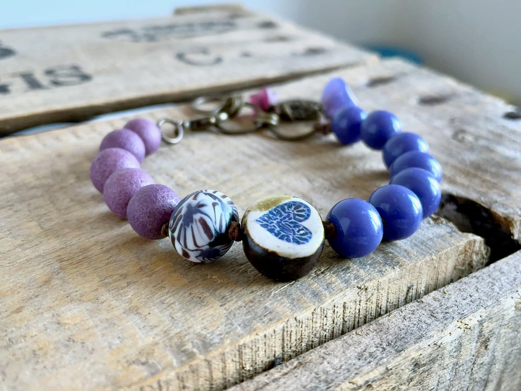 Bohemian Style Bracelet with Artisan Ceramic Heart Charm & Purple Glass Beads