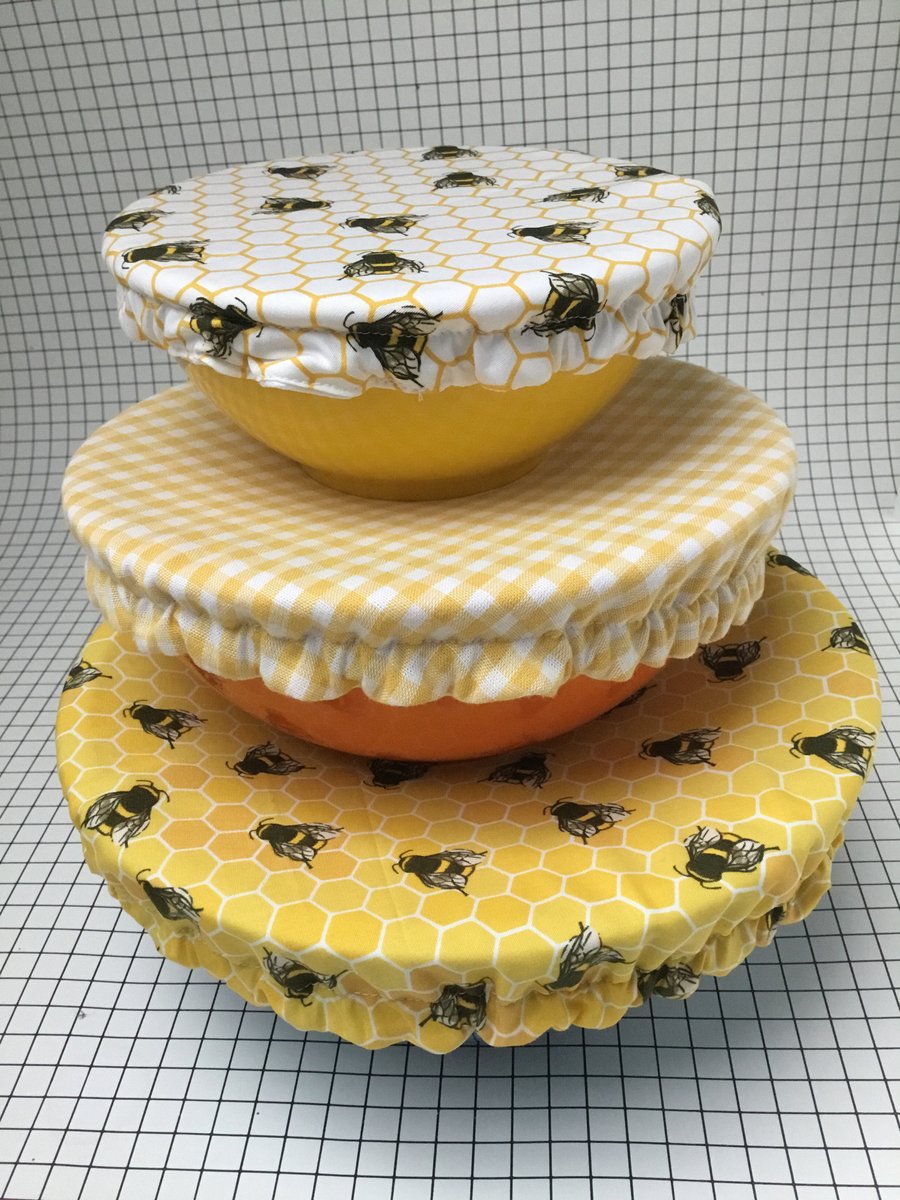 Set of 3 reusable bowl covers to keep food fresh. Bumble bees and yellow.