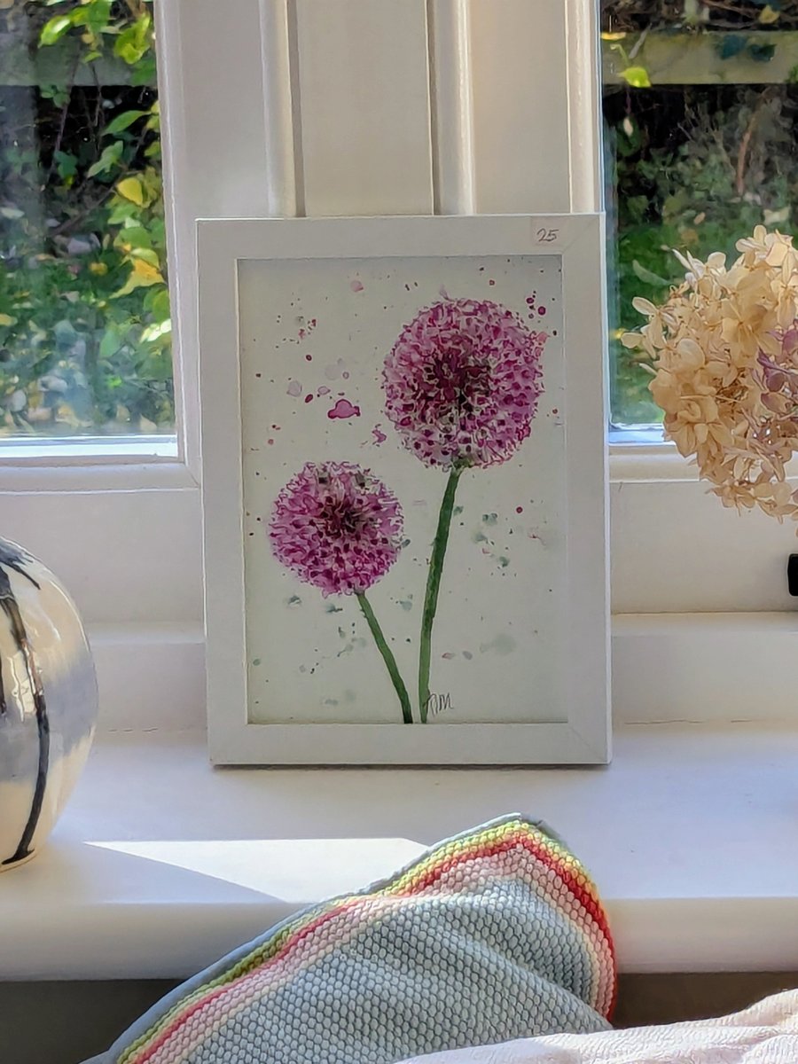 Purple alliums, framed original watercolour painting 