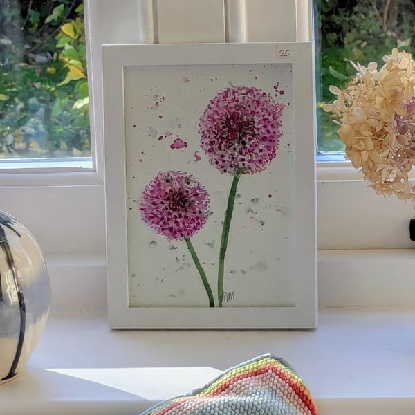 Purple alliums, framed original watercolour painting 