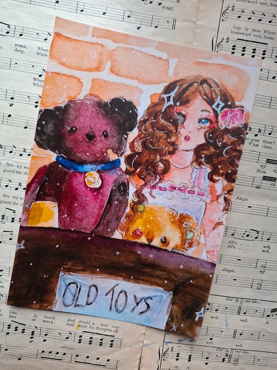 Old Toys - A5 Watercolour Art Print, Kawaii Teddy Bear Doll Watercolour, Anime