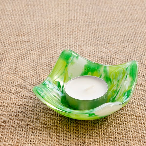 Spring Green Marbled Fused Glass Trinket Ring Candle Dish