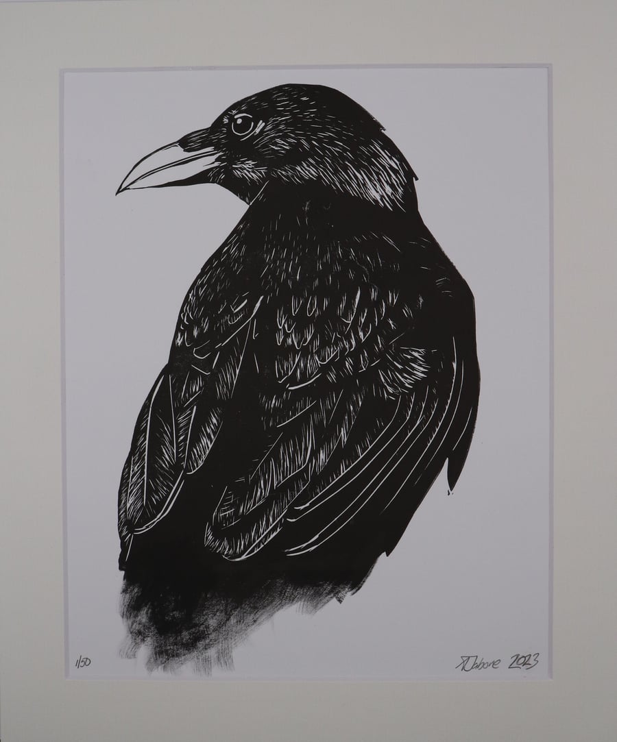Raven Hand Printed and Finished Lino Print, Mounted and Signed