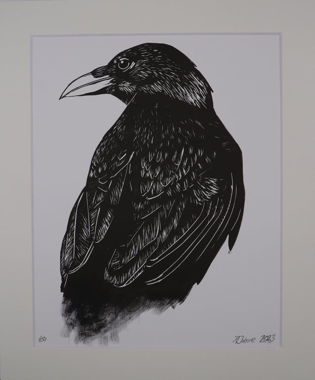 Raven Hand Printed and Finished Lino Print, Mounted and Signed