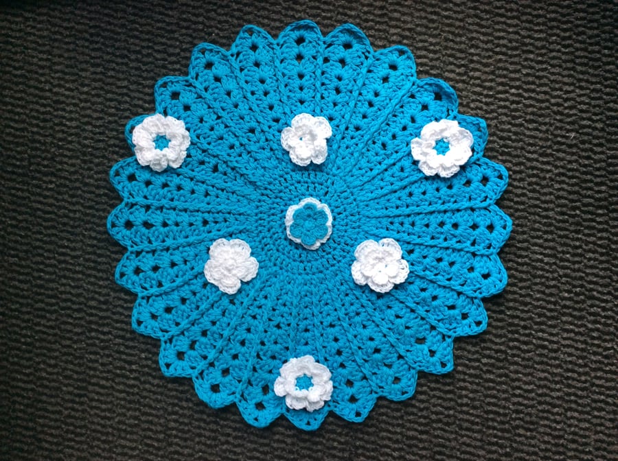 Blue crochet table centrepiece 