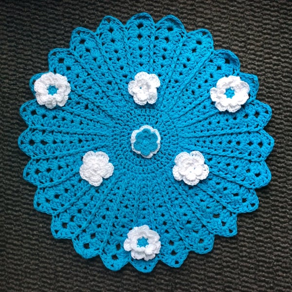 Blue crochet table centrepiece 