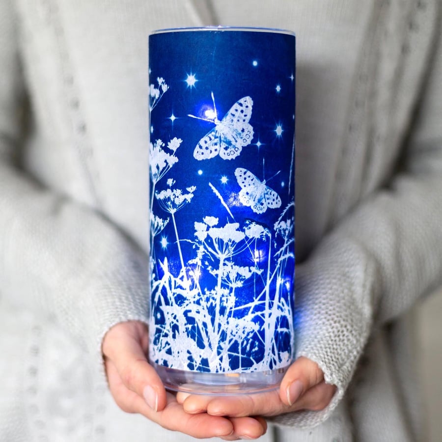 Large Butterfly and Stars Cyanotype Blue & White Cylinder Vase