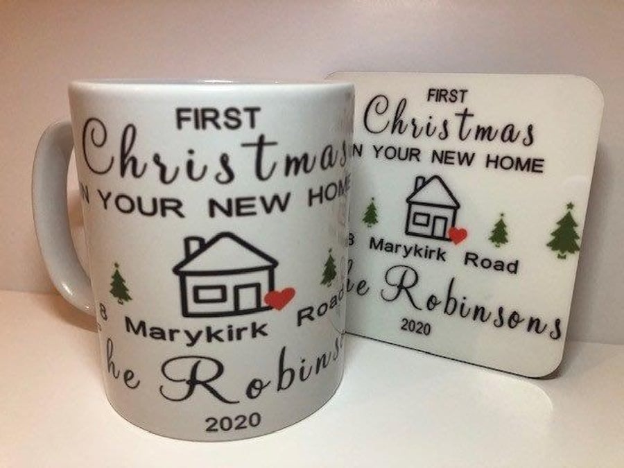Mug and Coaster set. A perfect gift for a friends first Christmas in a new home.