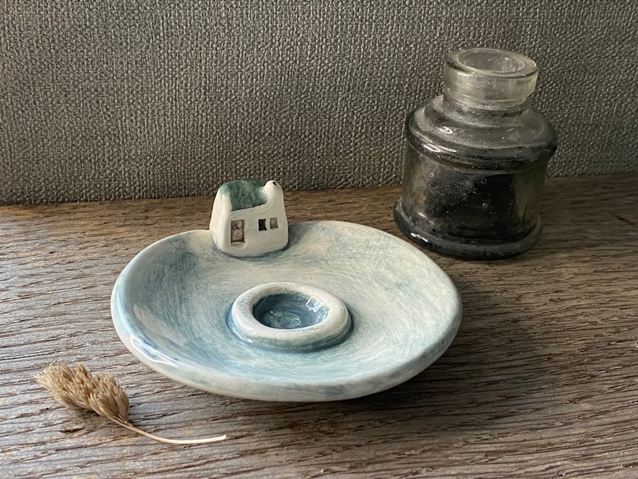 Handmade Ceramic Incense holder with Little Cottage