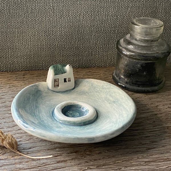 Incense Holder handmade pottery dish with little Cottage