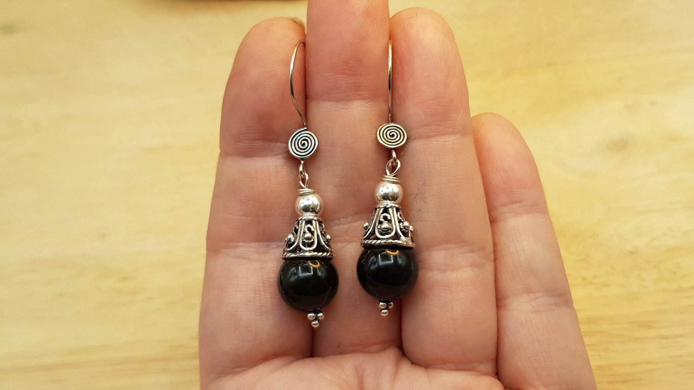 Black Tourmaline cone earrings. October birthstone. Reiki jewelry