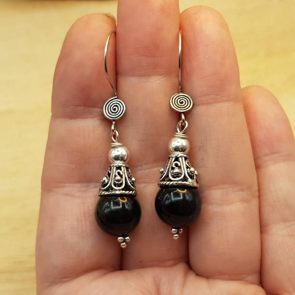 Black Tourmaline cone earrings. October birthstone. Reiki jewelry