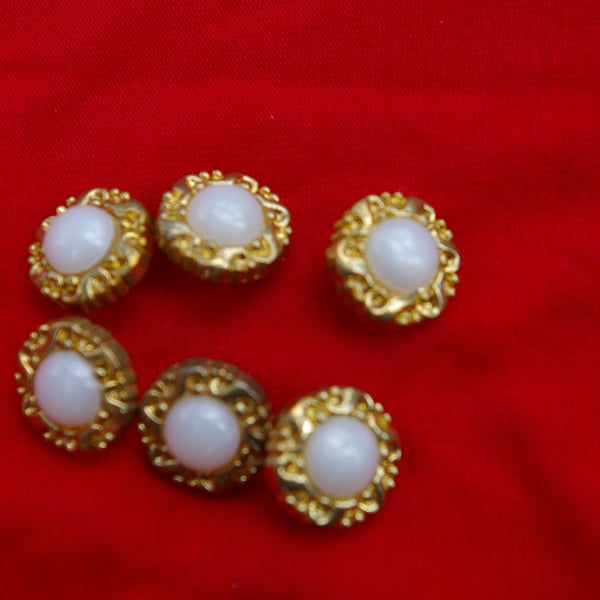 Buttons Six Vintage Pearlized White and Gold Buttons