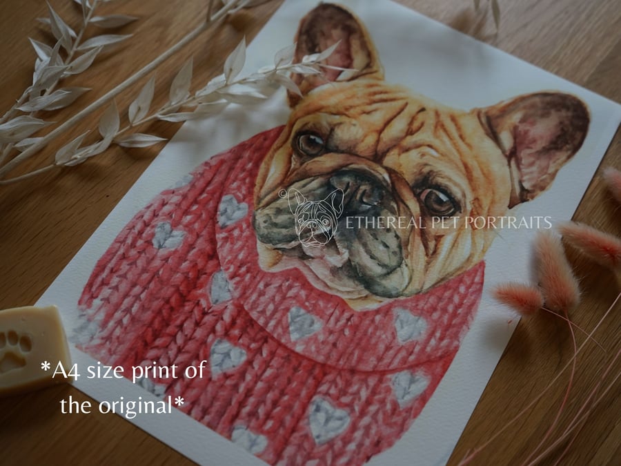 Watercolour French Bulldog Print A4 - Dog in Colourful Jumper - Pet Portrait Art