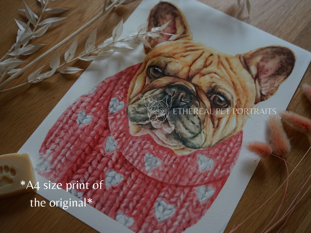 Watercolour French Bulldog Print A4 - Dog in Colourful Jumper - Pet Portrait Art