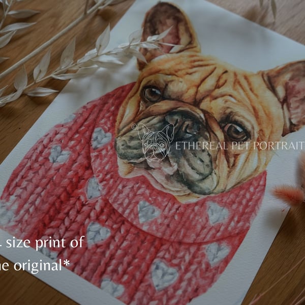 Watercolour French Bulldog Print A4 - Dog in Colourful Jumper - Pet Portrait Art