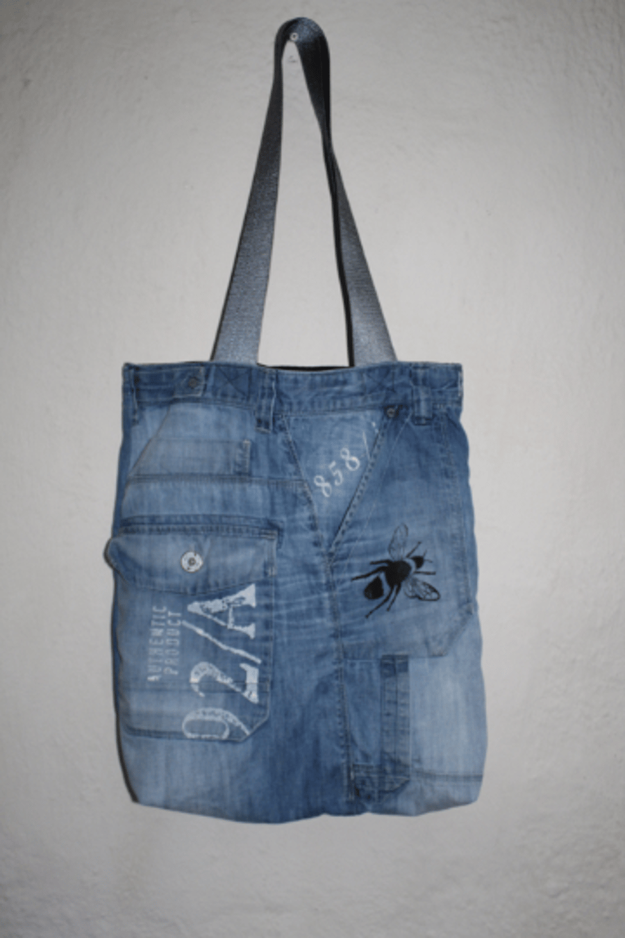 Handmade blue up cycled cargo denim Tote bag,bee screen print Bag,gift