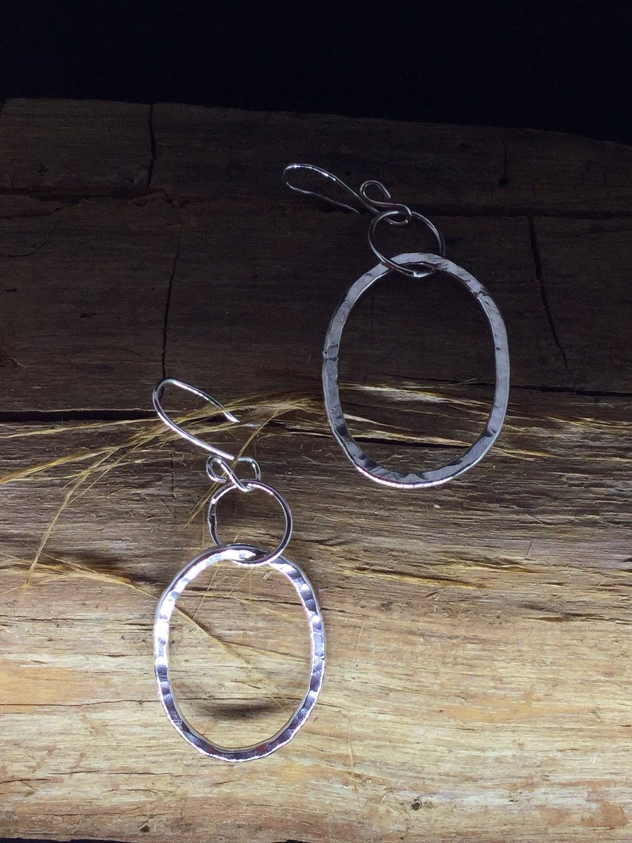 Hammered silver oval drop earrings