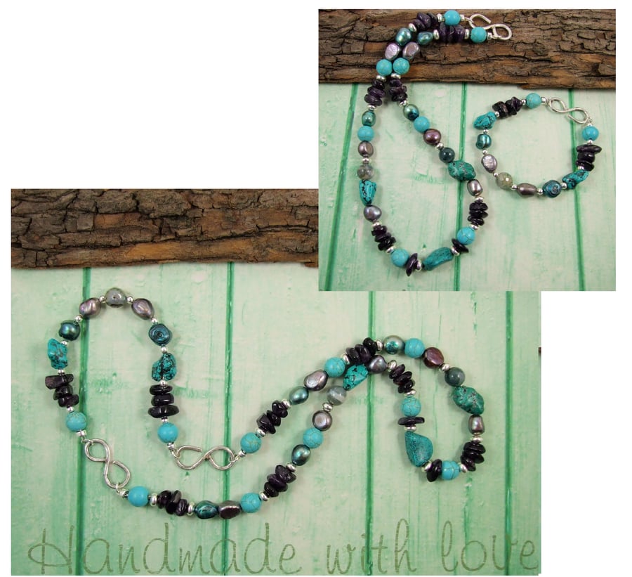 Multiway Gemstone Necklace. Sterling Silver Blue & Purple Necklace and Bracelet