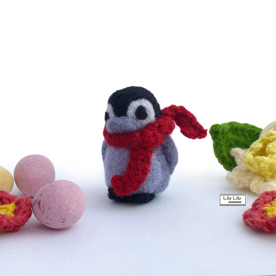 Miniature Penguin, red scarf, needle felted by Lily Lily Handmade SALE