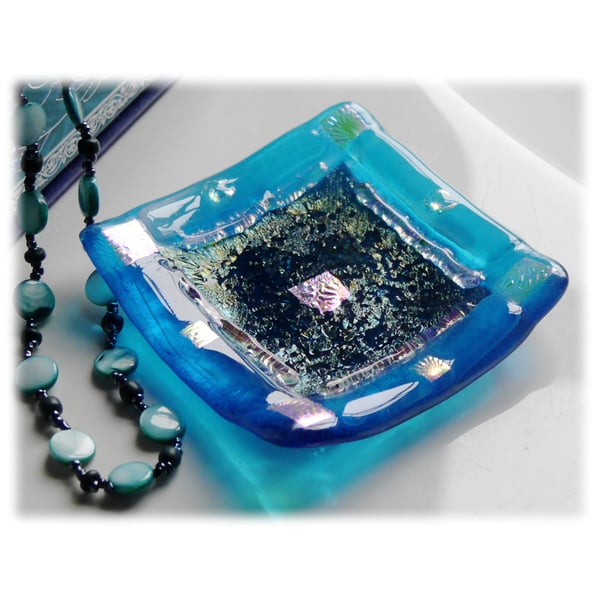 Fused Glass Trinket Dish 8.5cm Turquoise Teal Bordered Dichroic 030