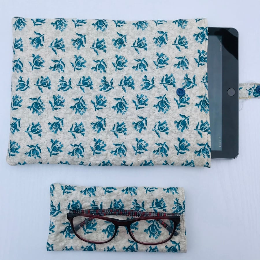 Blue Floral Quilted iPad Tablet Case and matching Glasses case