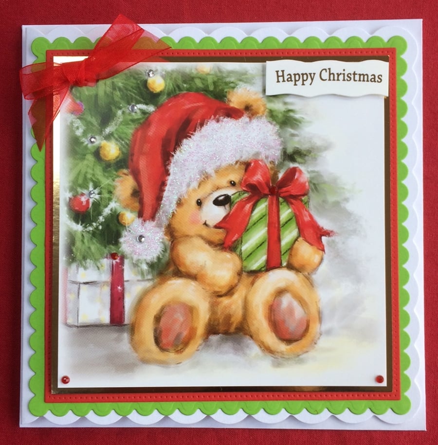 Happy Christmas Card Cute Teddy Bear Present 3D Luxury Handmade Card