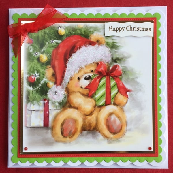 Happy Christmas Card Cute Teddy Bear Present 3D Luxury Handmade Card