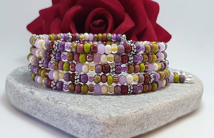 Colourful purple tone Czech seed bead wrap bracelet 