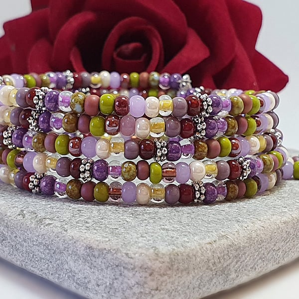 Colourful purple tone Czech seed bead wrap bracelet 