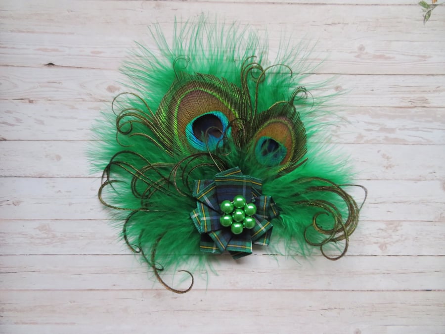 Small Emerald Green Tartan Peacock Feather Hair Clip Fascinator