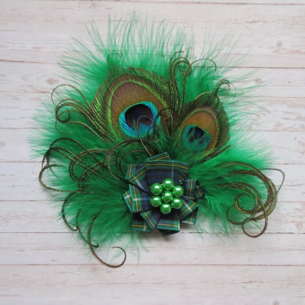 Small Emerald Green Tartan Peacock Feather Hair Clip Fascinator