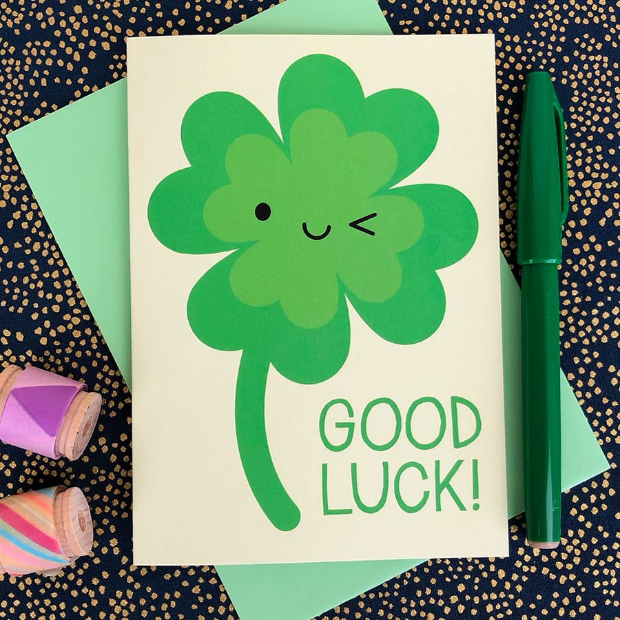 Good Luck Card - Kawaii Lucky Four Leaf Clover