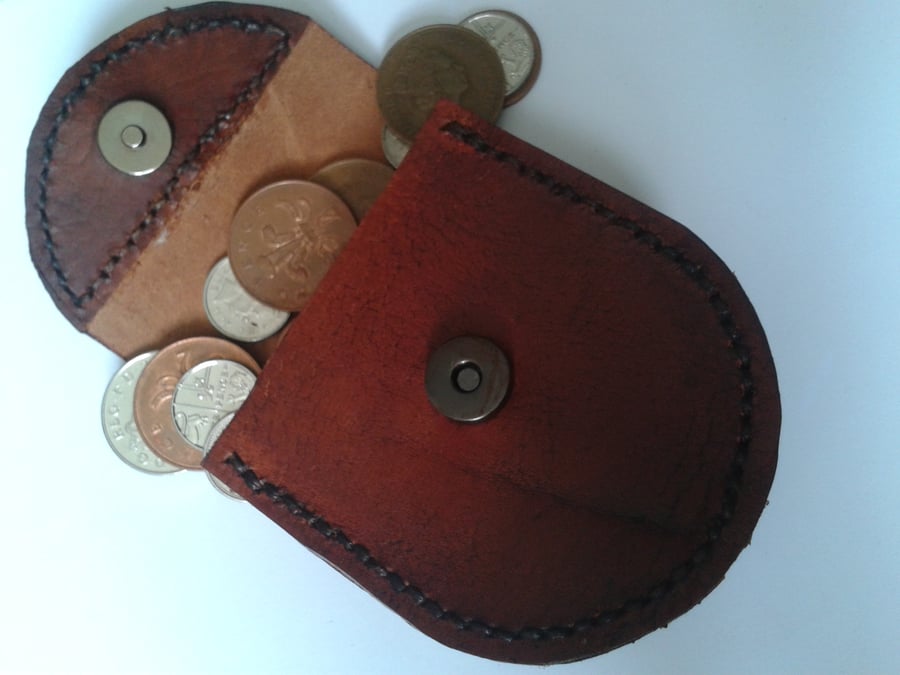 recycled  thick brown leather change purse