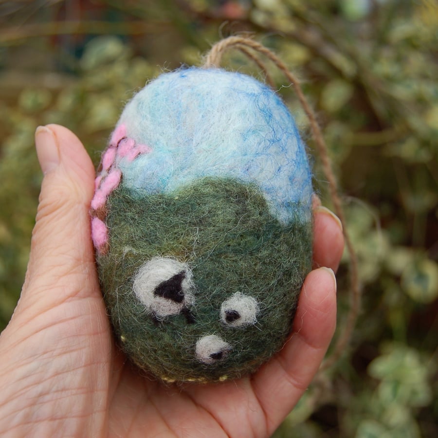 Needlefelt hanging egg, Yorkshire landscape with sheep Easter Spring decoration