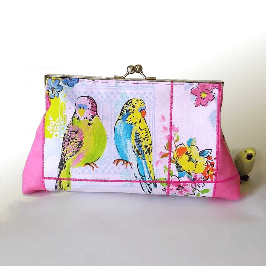 Vintage style clutch bag, with blue and green budgies, birds and flowers