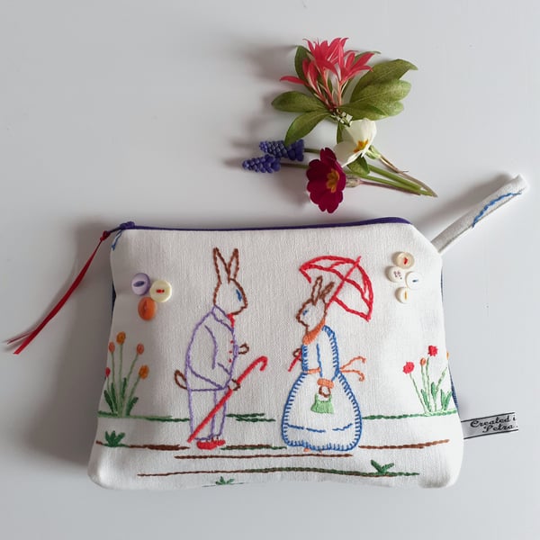 Easter or spring bag upcycled from a vintage embroidery of bunny rabbits