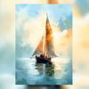 Sailboat on the Open Ocean, Watercolor Painting Print, Nautical Wall Art 5"x7"