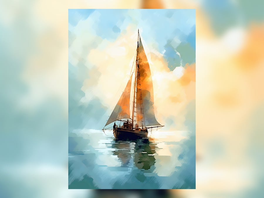 Sailboat on the Open Ocean, Watercolor Painting Print, Nautical Wall Art 5"x7"