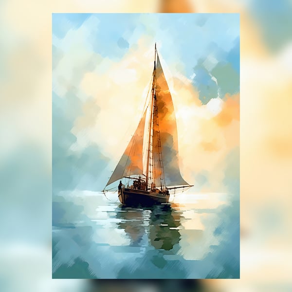 Sailboat on the Open Ocean, Watercolor Painting Print, Nautical Wall Art 5"x7"