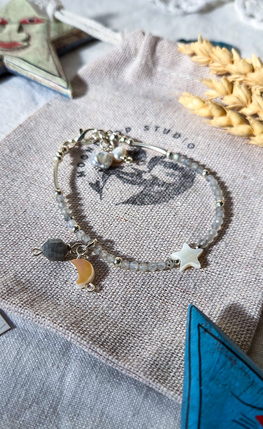 Dainty Gemstone Beaded Celestial Bracelet, Labradorite Bracelet, Sterling Silver