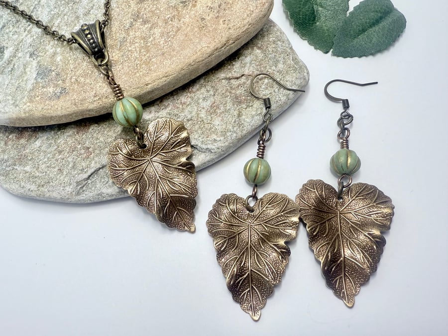 Sage green Czech glass and brass leaf pendant and earrings set, boho jewellery