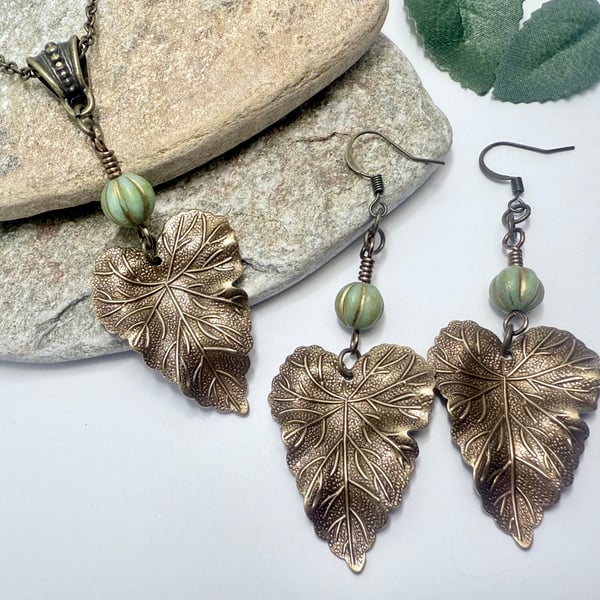 Sage green Czech glass and brass leaf pendant and earrings set, boho jewellery