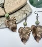 Sage green Czech glass and brass leaf pendant and earrings set, boho jewellery - Image 1