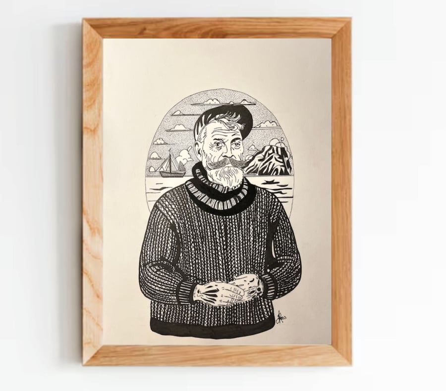 Fisherman's Tales a hand drawn Trawler Fisherman in acrylics and fine liner.