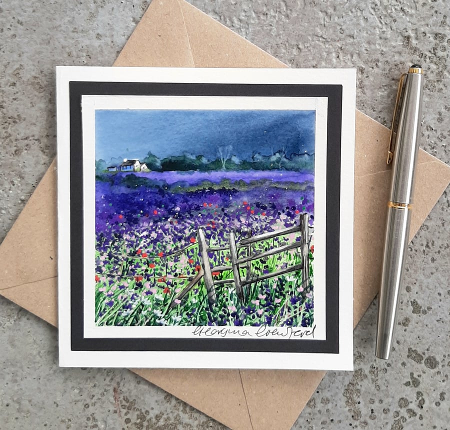 Blank Card. Purple Flowers. Scorpion Weed Handpainted Watercolour. Keepsake