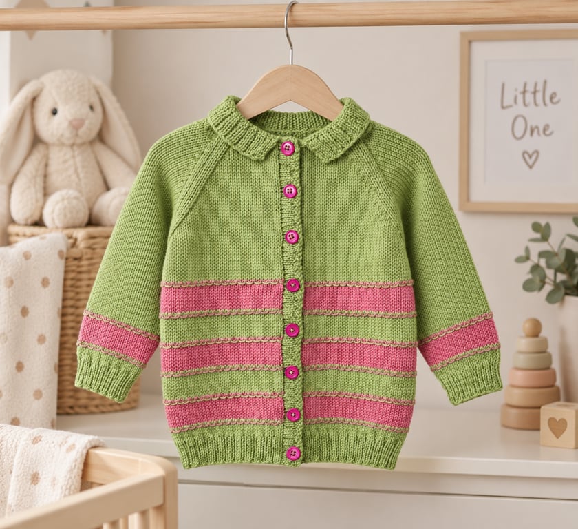 Baby Girl's Hand-knitted Green Cardigan With Pink Stripe, 12-18 mnths