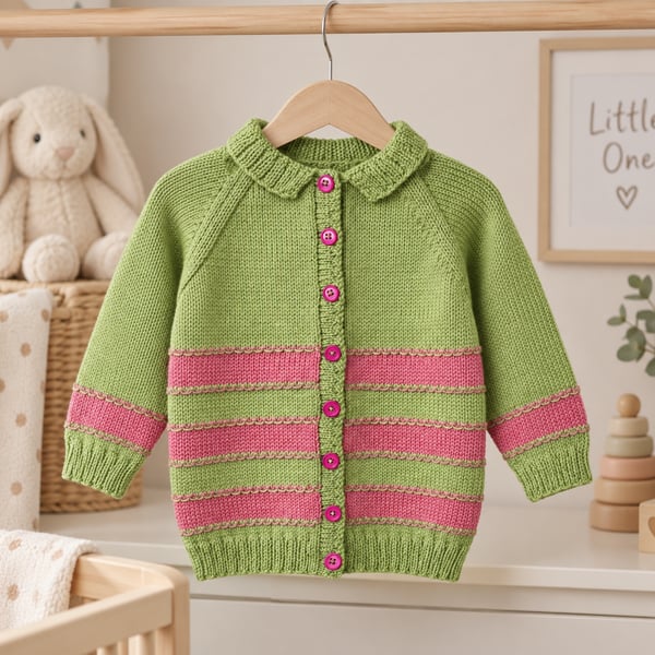 Baby Girl's Hand-knitted Green Cardigan With Pink Stripe, 12-18 mnths