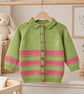 Baby Girl's Hand-knitted Green Cardigan With Pink Stripe, 12-18 mnths